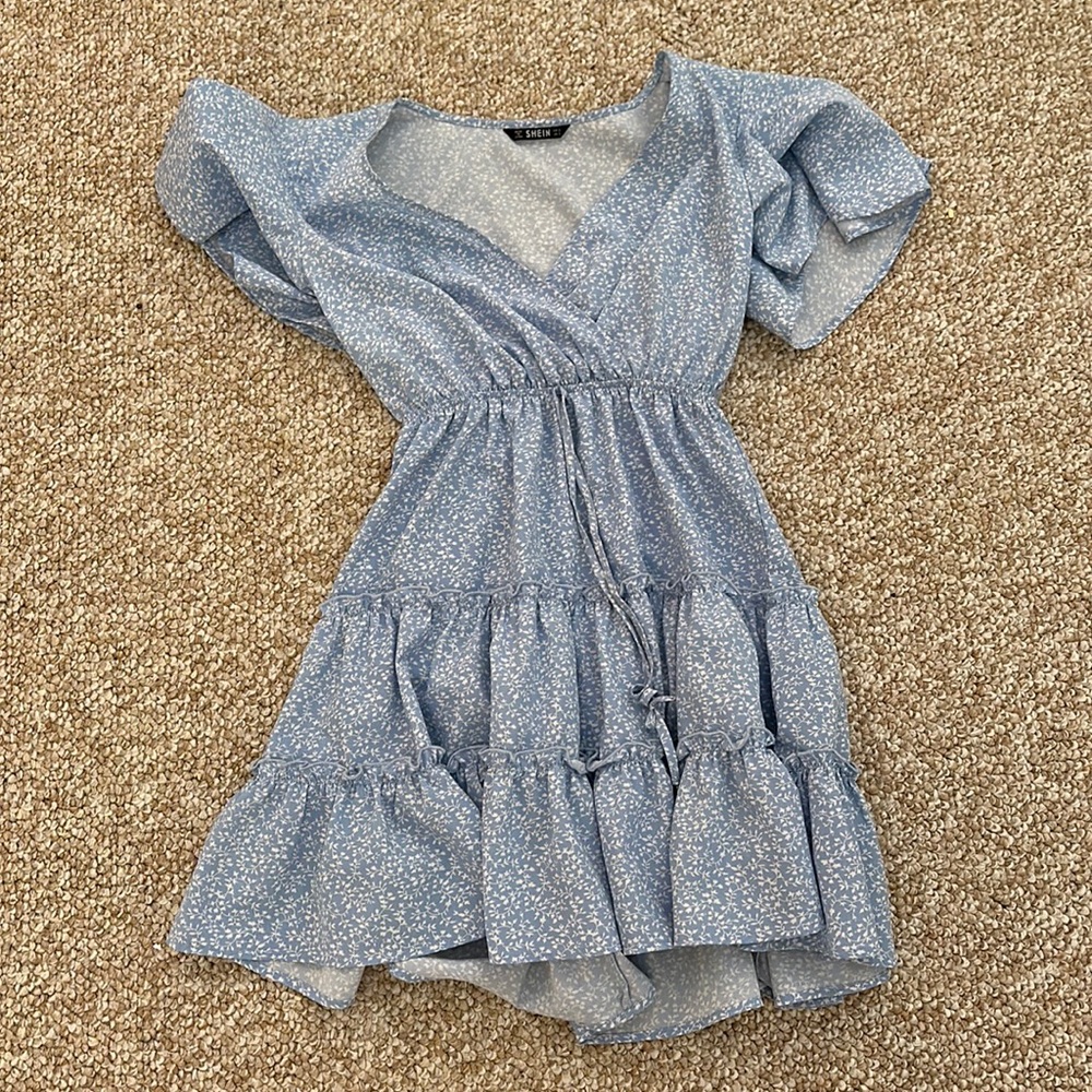 light blue, floral, shein wrap dress